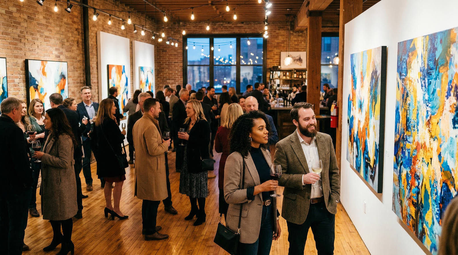 Minneapolis art gallery opening night with artists and collectors viewing paintings
