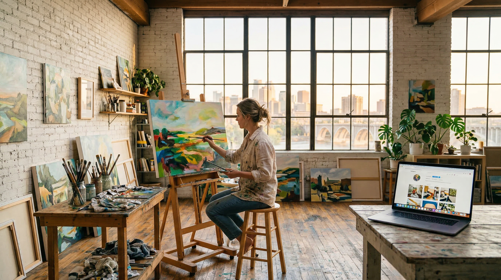 Minneapolis artist in a bright studio with large windows overlooking the city, painting at an easel with a laptop showing social media